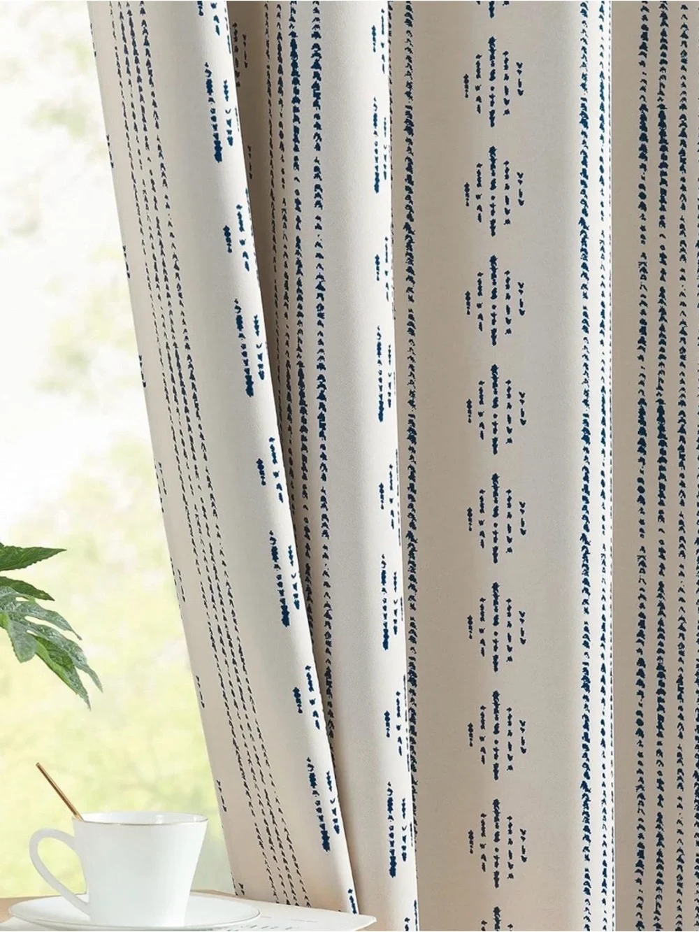 Blackout Boho Grommet Curtains in Blue & Beige with Geometric Print. 4 Panels.